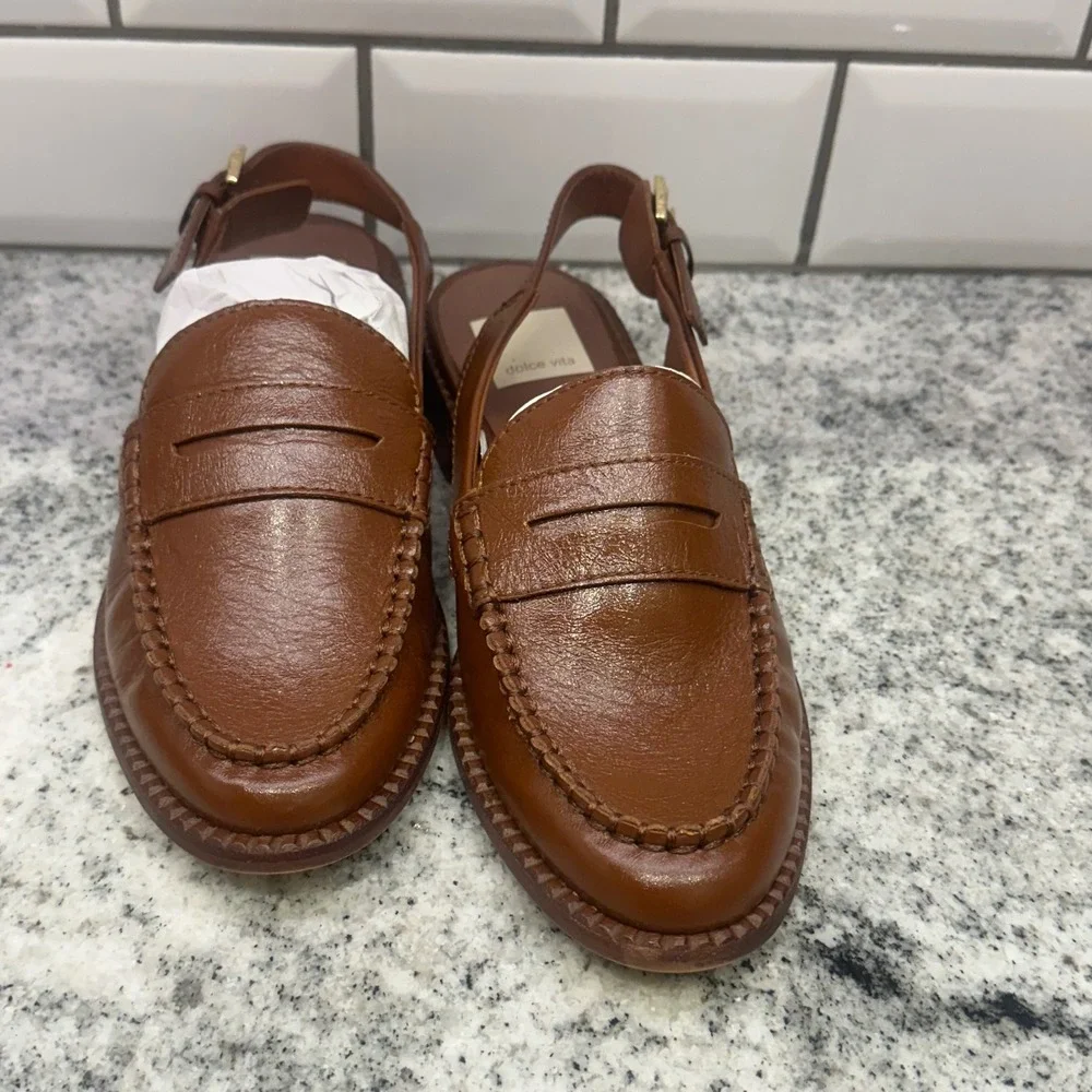 Dolce Vita Womens 6 Slingback Loafers Cognac Leather Buckle Preppy Dark Academia